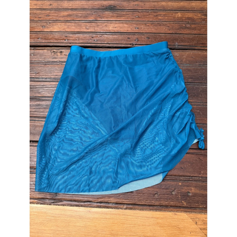 Teal Skirted Bikini Bottoms Mesh Overlay Ruched Swim Skirt Medium